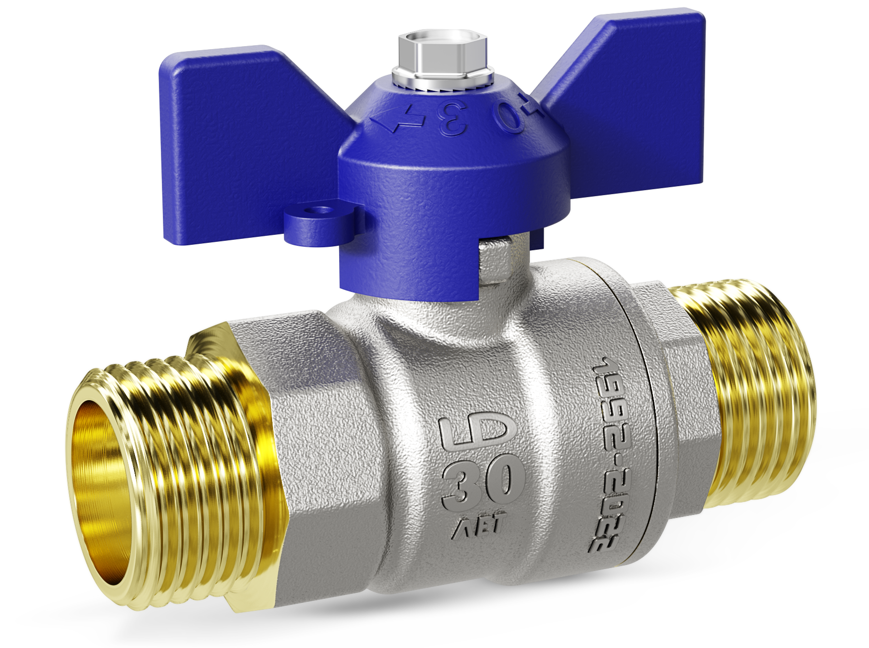 Кран шаровой латунный никелированный Ду20 Ру40 (3/4') НР/НР синяя ручка бабочка