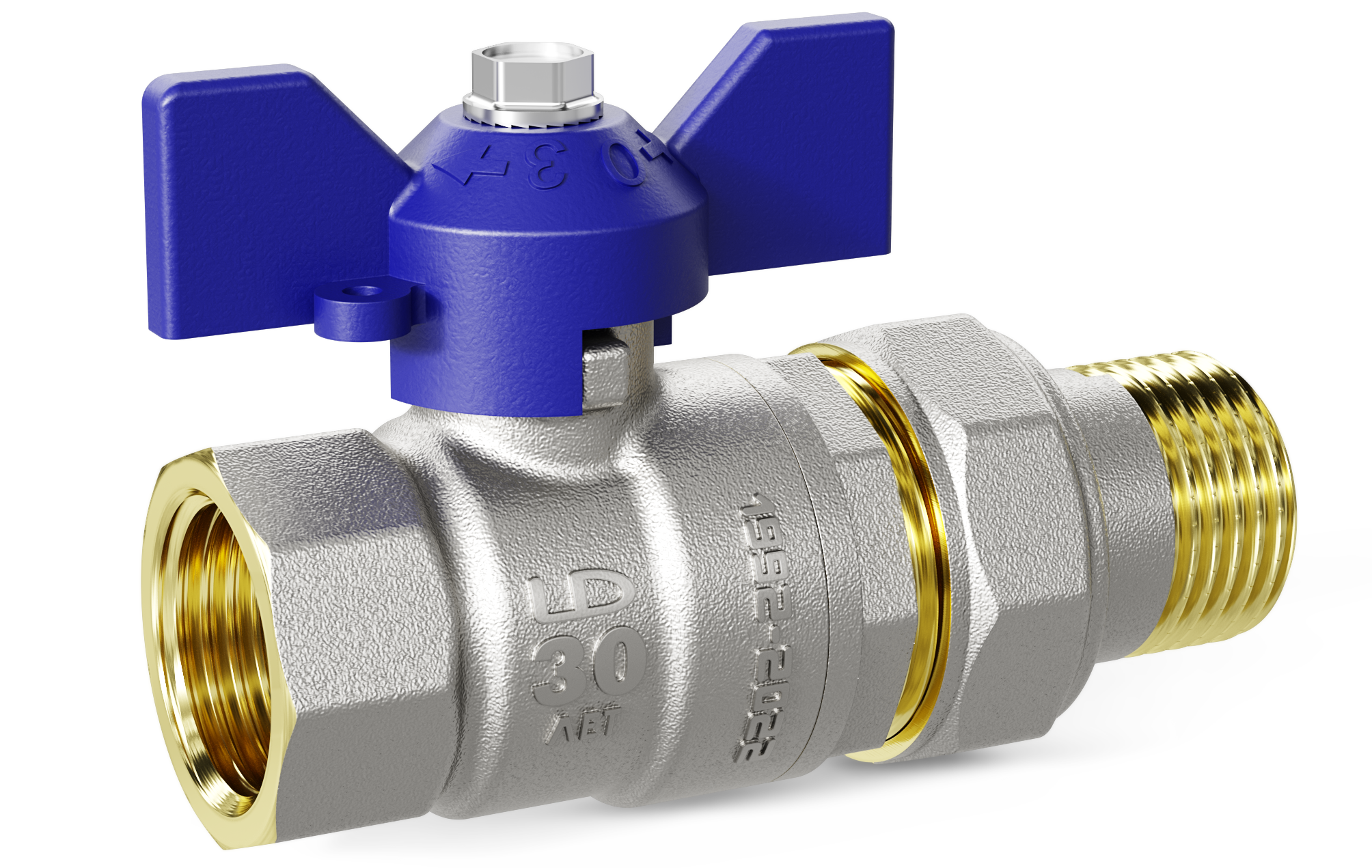 Кран шаровой латунный со сгоном Ду25 Ру40 (1') ВН синяя ручка бабочка