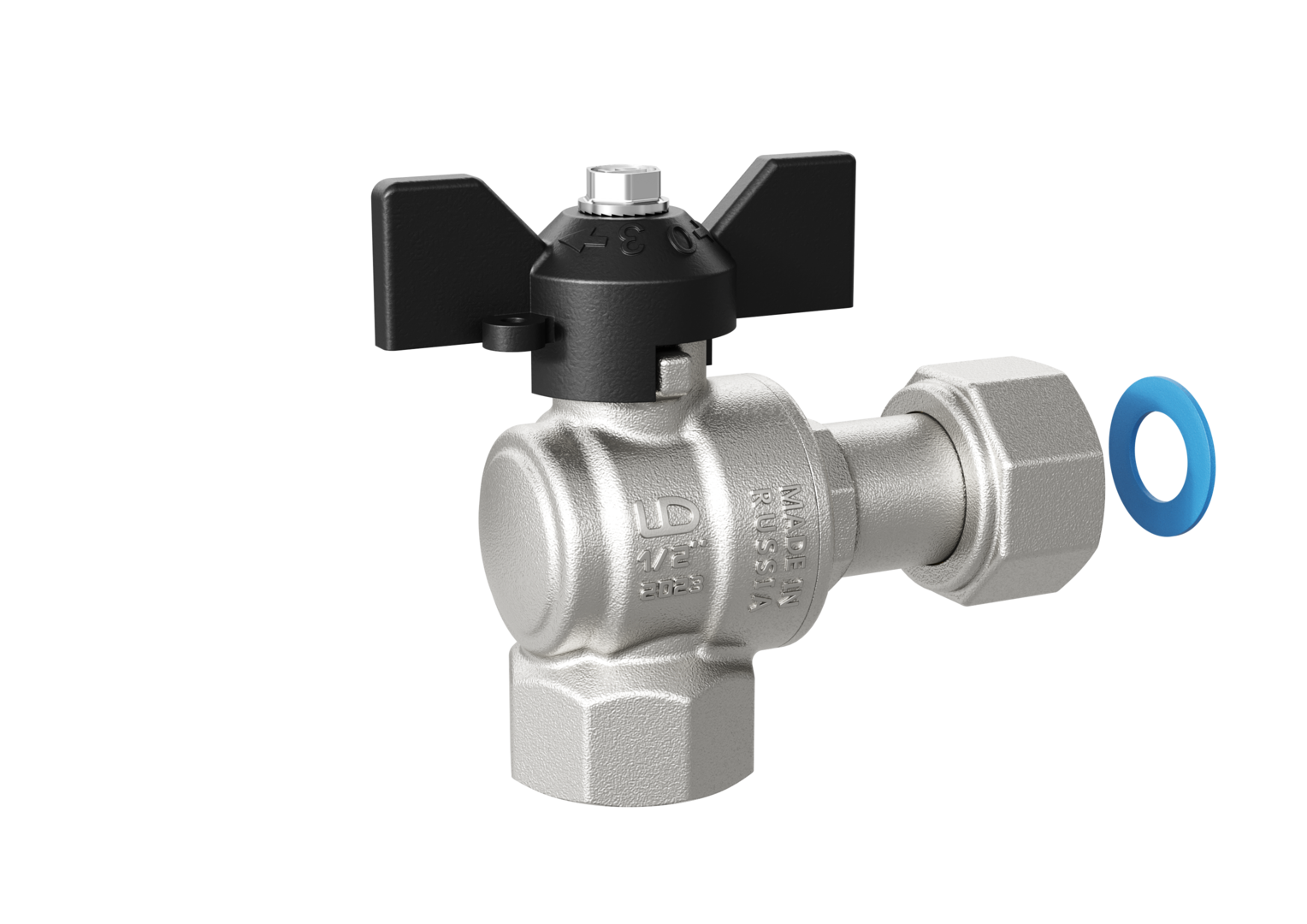 Кран шаровой латунный угловой с накидной гайкой Ду15 Ру40 (1/2') ВВ ручка бабочка