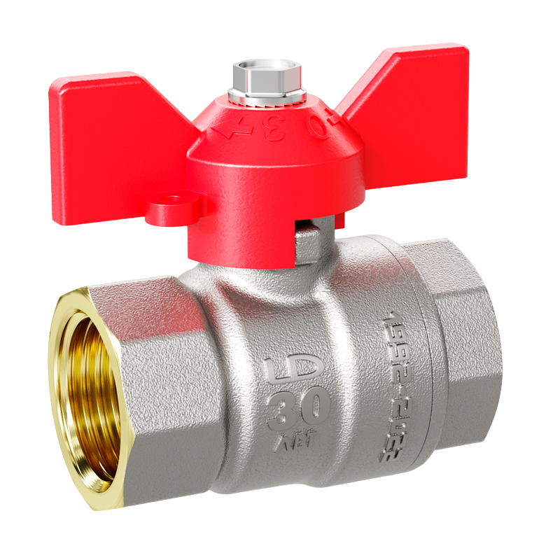 Кран шаровой латунный никелированный Ду25 Ру40 (1') ВР/ВР красная ручка бабочка