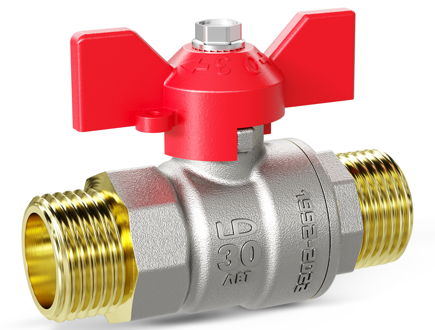 Кран шаровой латунный никелированный Ду15 Ру40 (1/2') НР/НР красная ручка бабочка