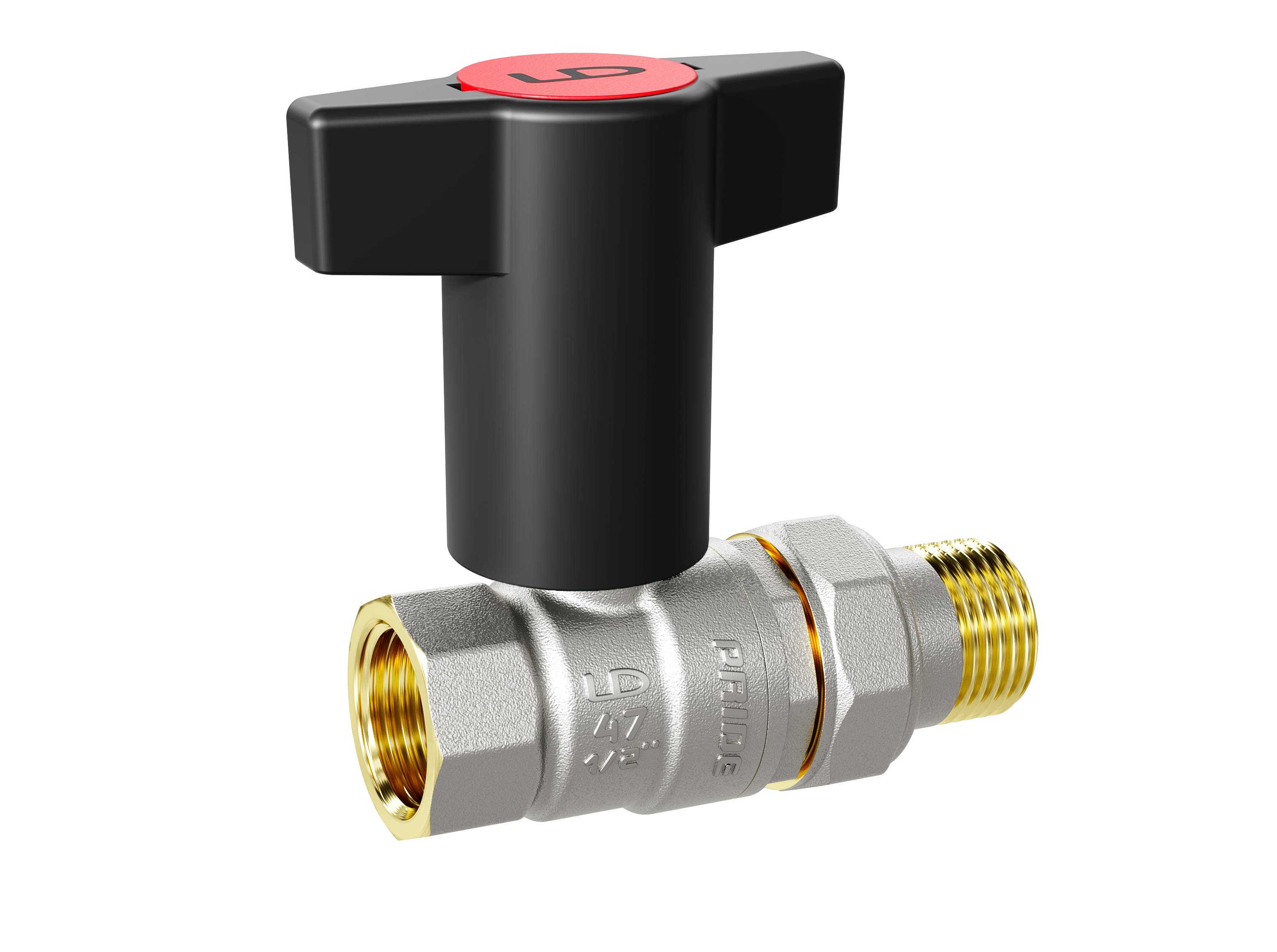 Кран шаровой латунный никелированный со сгоном (американка) Ду 15 Ру 40 (1/2') ВН Т-рукоятка