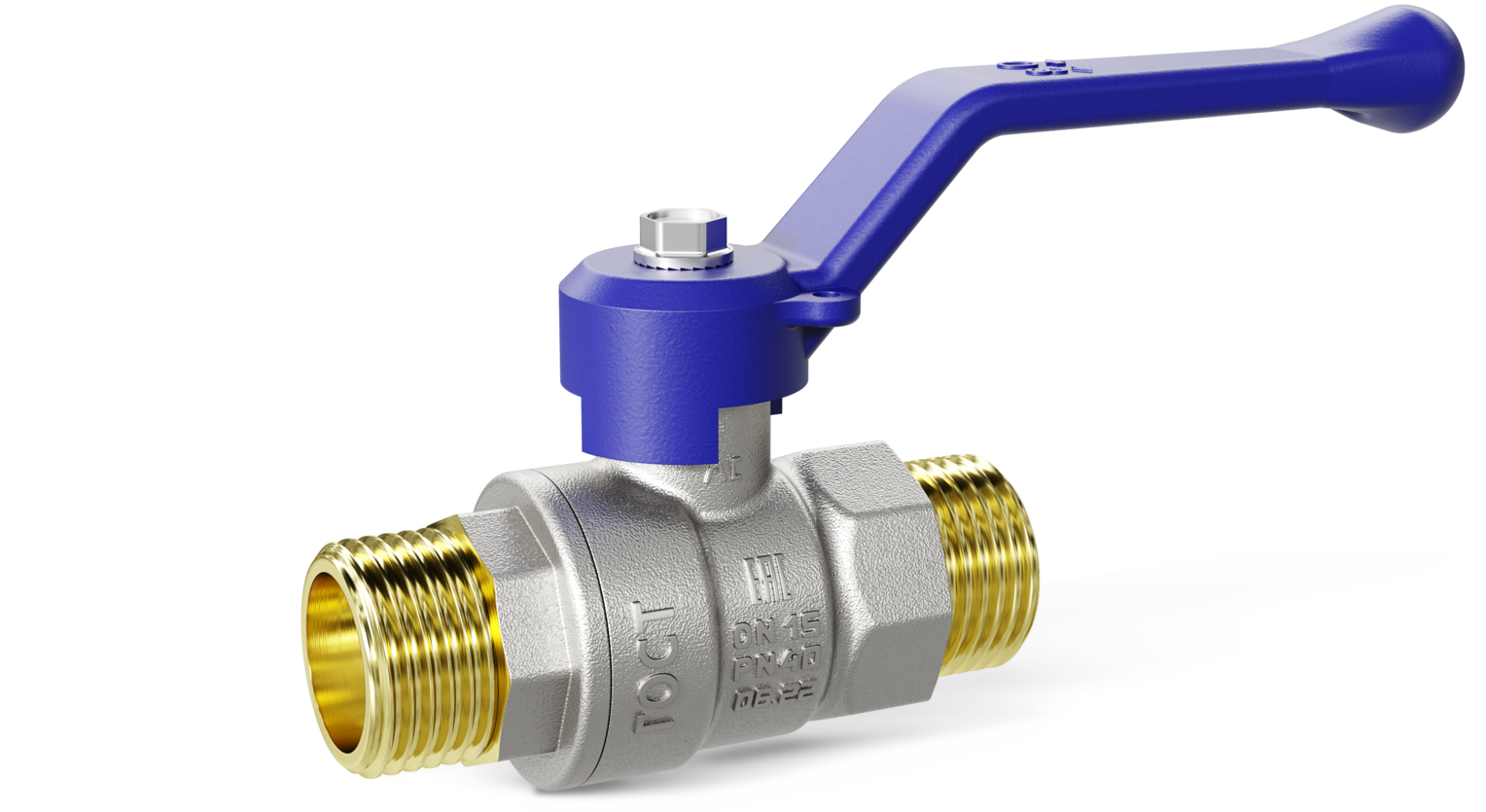 Кран шаровой латунный никелированный Ду15 Ру40 (1/2') НР/НР синяя ручка рычаг