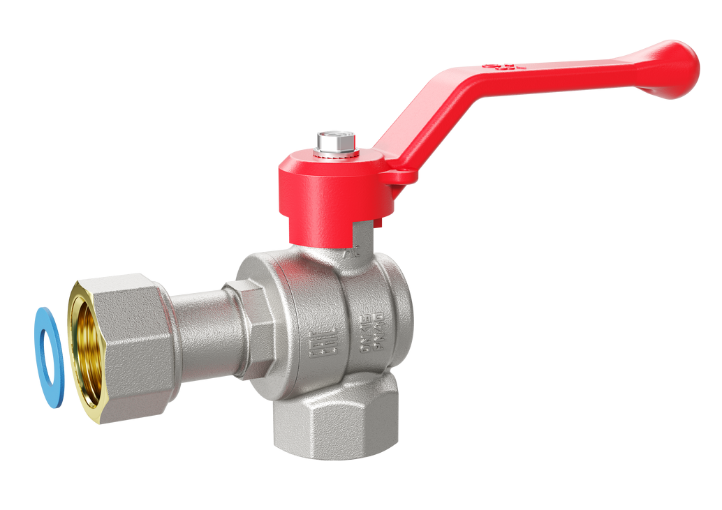 Кран шаровой латунный угловой с накидной гайкой Ду15 Ру40 (1/2') ВВ красная ручка бабочка