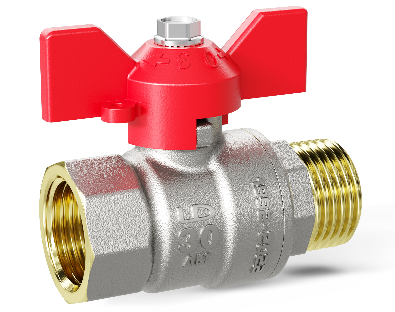 Кран шаровой латунный никелированный Ду15 Ру40 (1/2') ВН красная ручка бабочка