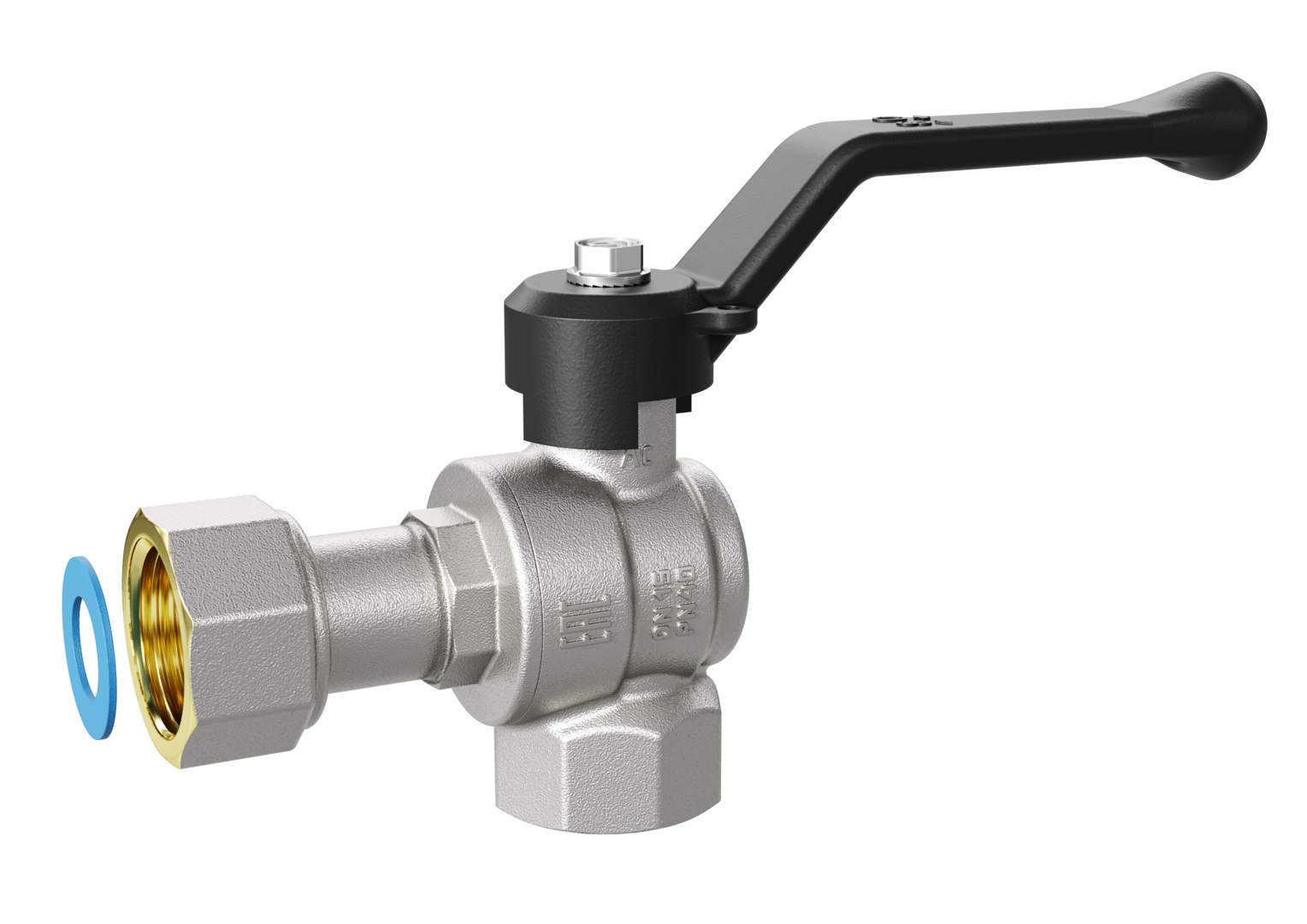 Кран шаровой латунный угловой с накидной гайкой Ду15 Ру40 (1/2') ВВ ручка рычаг