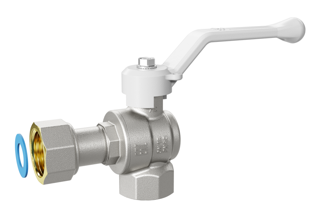 Кран шаровой латунный угловой с накидной гайкой Ду15 Ру40 (1/2') ВВ белая ручка бабочка