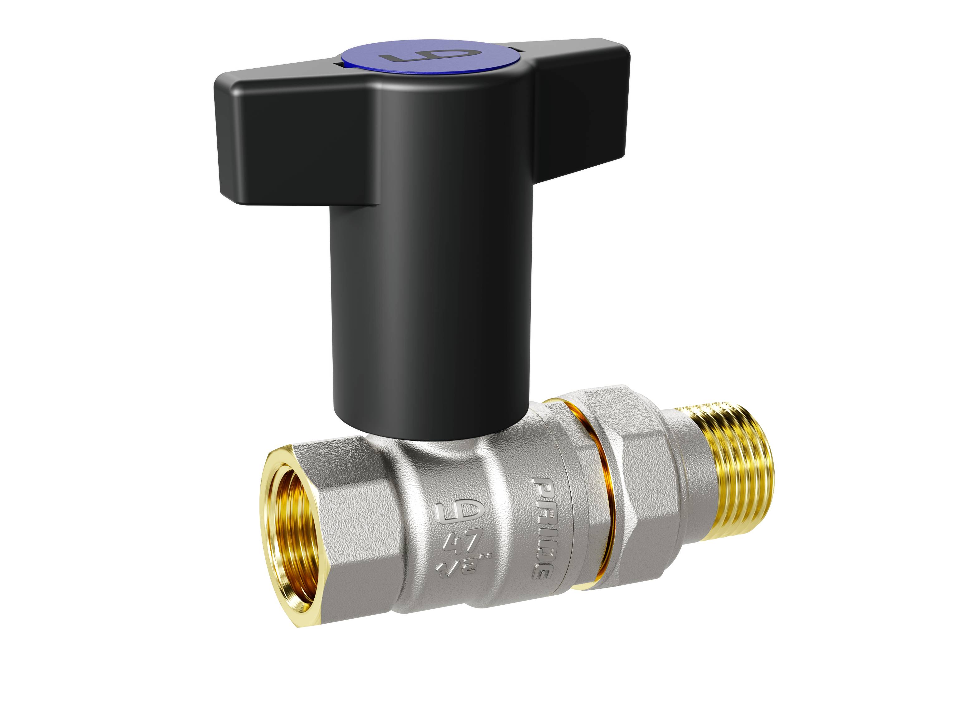 Кран шаровой латунный никелированный со сгоном (американка) Ду 20 Ру 40 (3/4') ВН Т-рукоятка синий