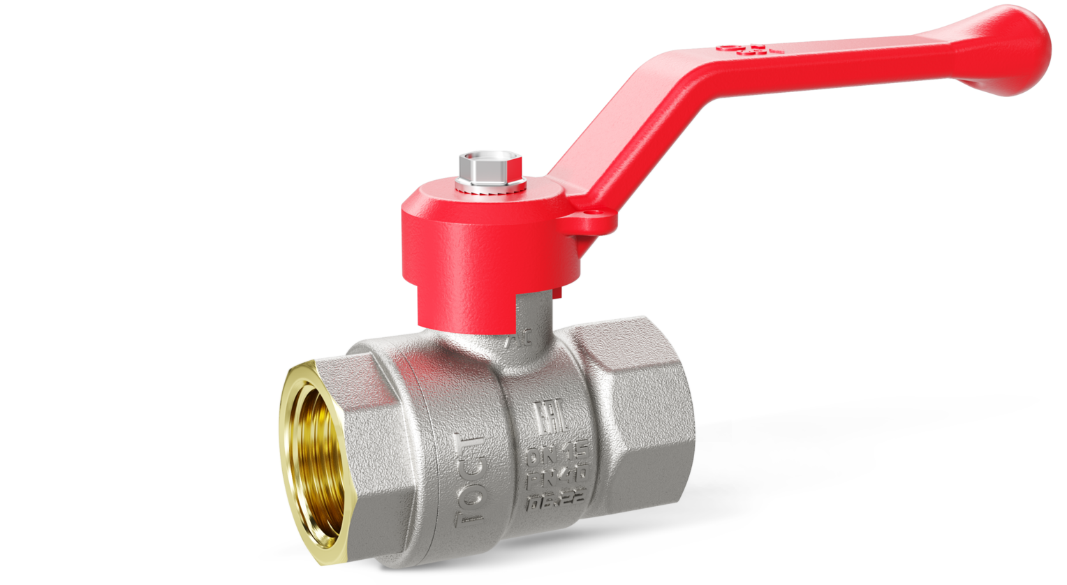 Кран шаровой латунный никелированный Ду25 Ру40 (1') ВР/ВР красная ручка рычаг