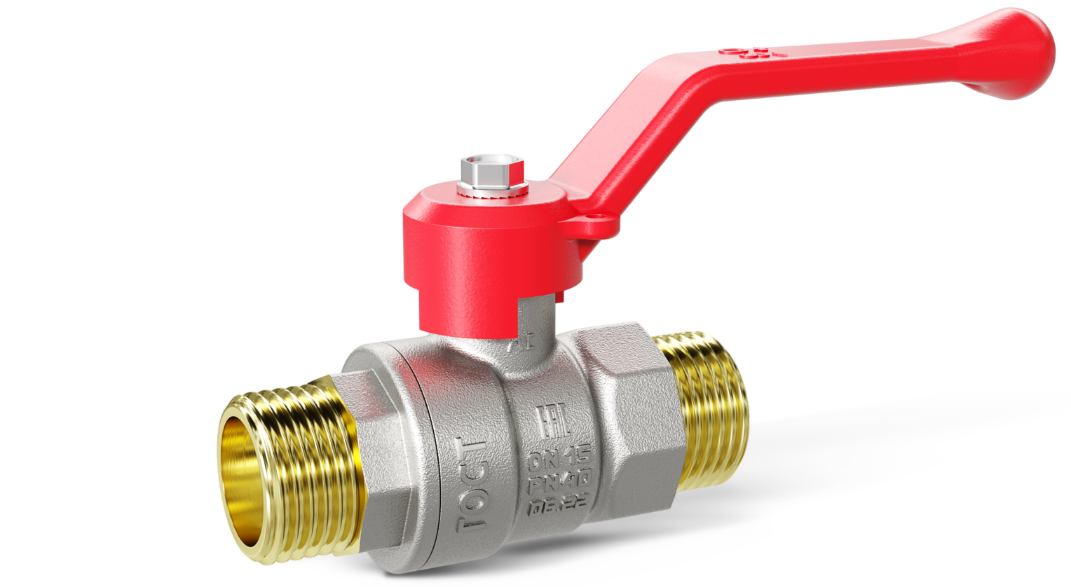 Кран шаровой латунный никелированный Ду15 Ру40 (1/2') НР/НР красная ручка рычаг