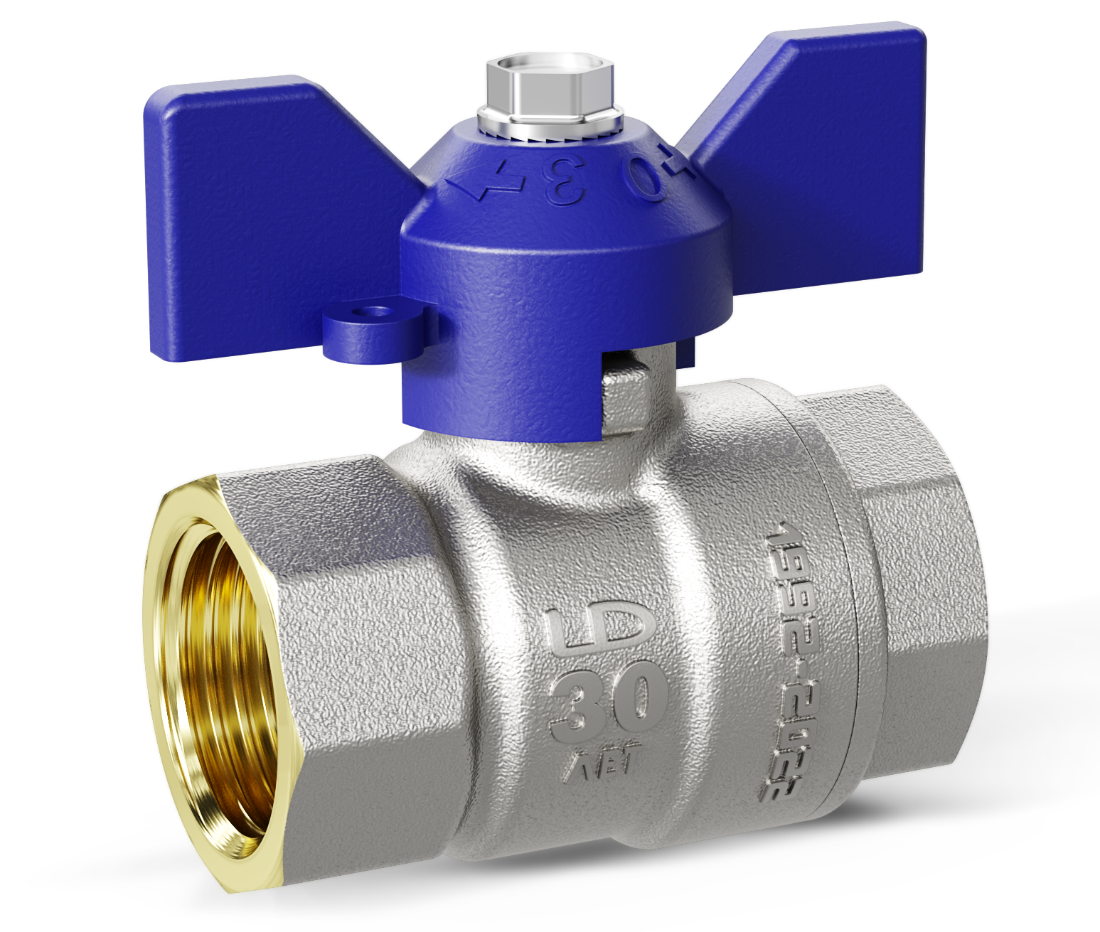 Кран шаровой латунный никелированный Ду20 Ру40 (3/4') ВР/ВР синяя ручка бабочка