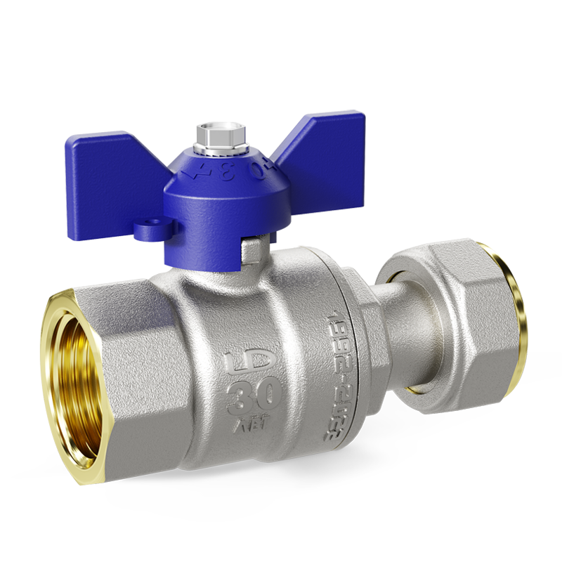 Кран шаровой латунный с накидной гайкой Ду15 Ру40 (1/2') ВН синяя ручка бабочка