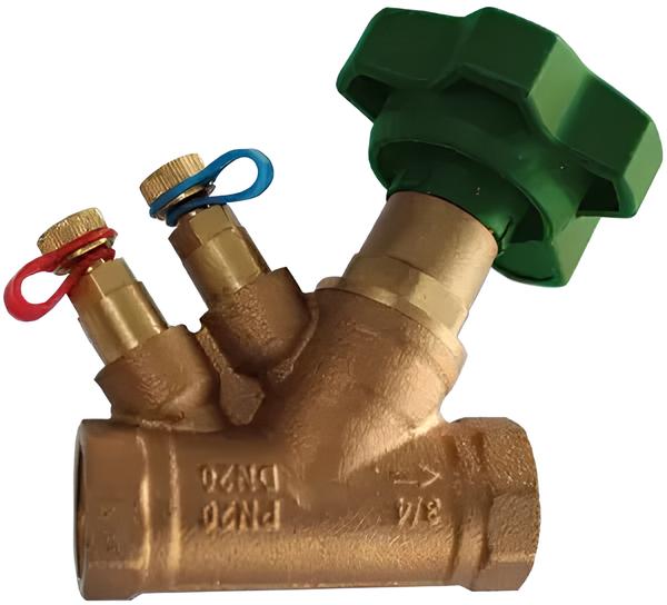 Клапан балансировочный латунный муфтовый с двумя отводами для измерения, внутр резьба, корпус латунь, диск латунь,DN 15 PN20