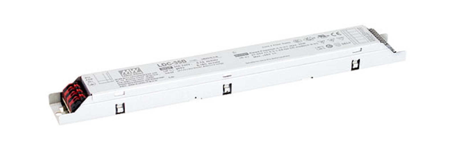 Источник питания LED, 35Вт, вход 180…295В AC, 47…63Гц254…420В DC, ККМ, выход в режиме пост. мощности 27…56В625…1000мА, изоляция 3750В AC, в кожухе 280х30х21, -25…+80°С (корпус), димминг 3 в 1