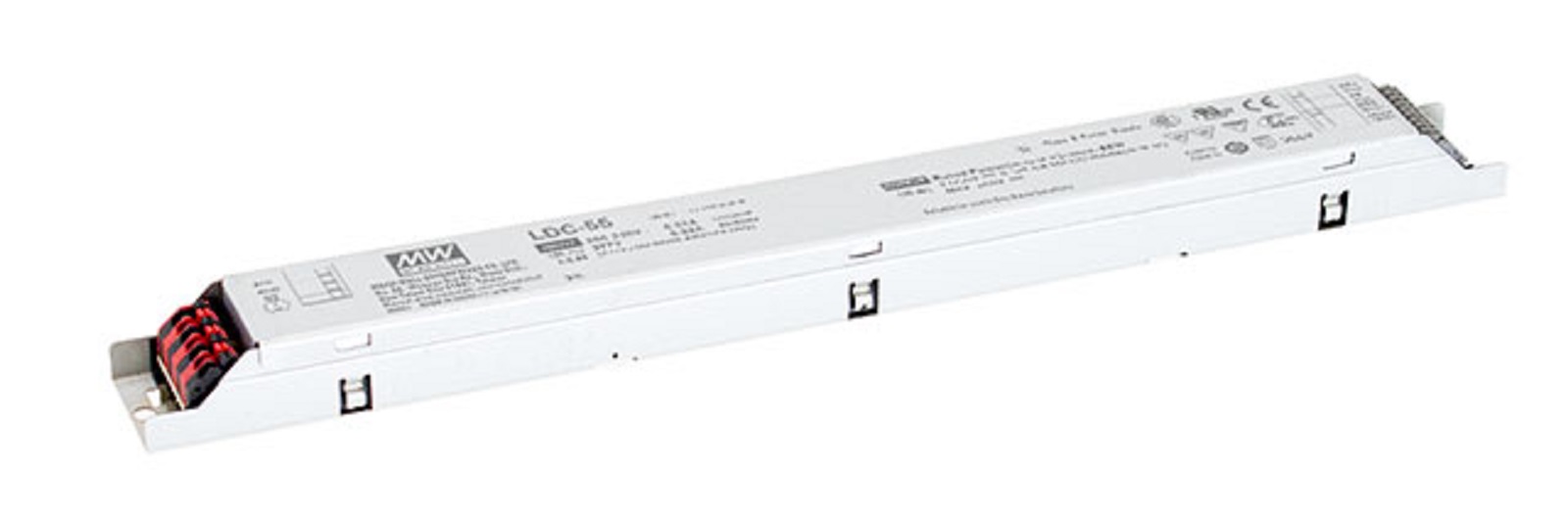 Источник питания LED, 55Вт, вход 180…295В AC, 47…63Гц254…420В DC, ККМ, выход в режиме пост. мощности 27…56В980…1600мА, изоляция 3750В AC, в кожухе 320х30х21, -25…+80°С (корпус), димминг по DALI