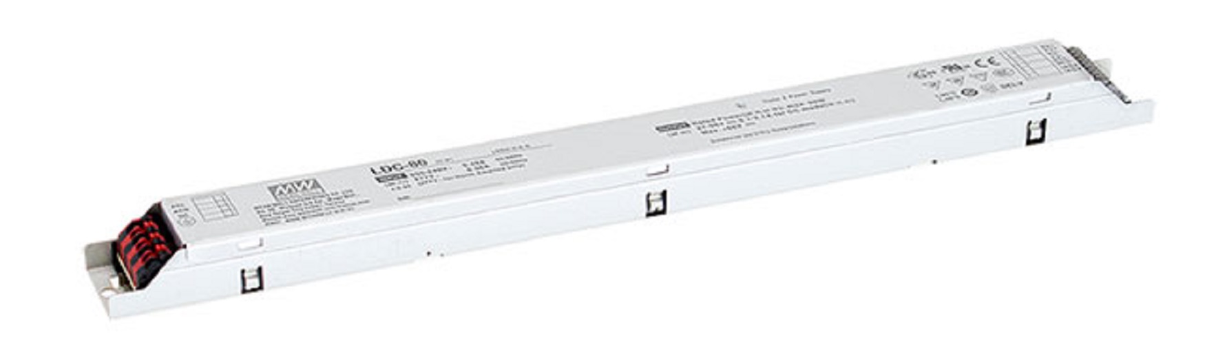 Источник питания LED, 80Вт, вход 180…295В AC, 47…63Гц254…420В DC, ККМ, выход в режиме пост. мощности 27…56В1400…2100мА, изоляция 3750В AC, в кожухе 360х30х21, -25…+85°С (корпус)