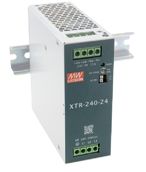 Блок питания AC-DC, 240Вт, ККМ, 3-х ф., вх. 320…600В AC, 47…63450…800В DC, вых.24В10A, (пиковый 15А), рег.  вых 24…29В, изол.3000В AC, в кожухе на DIN-рейку 48х125.2х125мм,-40…+85°С, DC-OK, 5 лет гарантии, клемма под отвёртку