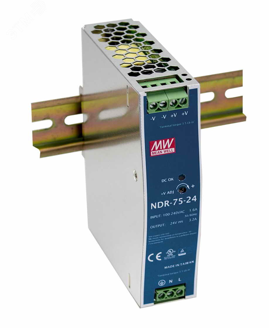 Изображение товара Блок питания AC-DC Mean Well NDR-75-24, 24В, 3.2A на DIN-рейку