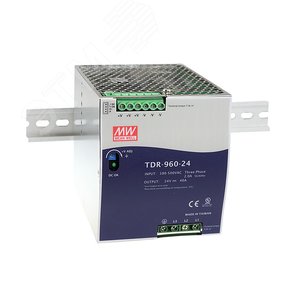 Изображение товара Блок питания AC-DC, 960Вт, ККМ, 3-х фазный, вход 340-550В AC, 47-63,480-780В DC, выход 24В,40A, рег. вых 24-28В, в кожухе на DIN-рейку (шт)
