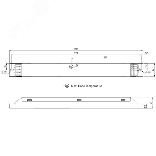 Источник питания LED, 35Вт, вход 180…295В AC, 47…63Гц254…420В DC, ККМ, выход в режиме пост. мощности 27…56В625…1000мА, изоляция 3750В AC, в кожухе 280х30х21, -25…+80°С (корпус), димминг 3 в 1 - фото 2