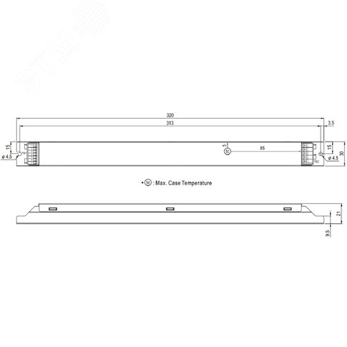 Источник питания LED, 55Вт, вход 180…295В AC, 47…63Гц254…420В DC, ККМ, выход в режиме пост. мощности 27…56В980…1600мА, изоляция 3750В AC, в кожухе 320х30х21, -25…+80°С (корпус), димминг по DALI - фото 2