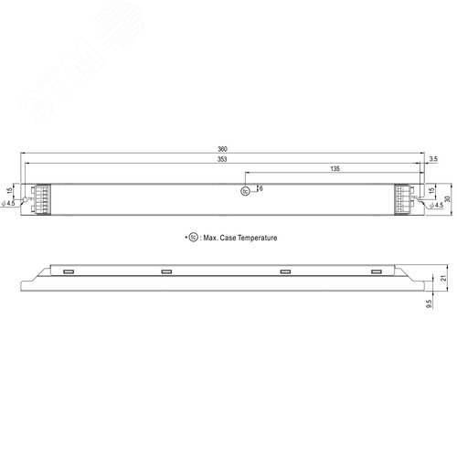 Источник питания LED, 80Вт, вход 180…295В AC, 47…63Гц254…420В DC, ККМ, выход в режиме пост. мощности 27…56В1400…2100мА, изоляция 3750В AC, в кожухе 360х30х21, -25…+85°С (корпус) - фото 2