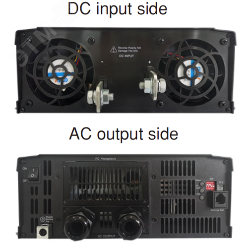 Инвертор DC-AC 3200Вт, Рмакс=3680Вт(3 мин.), Uвх=24(20…33)В DC, Uвых=230В АС (ещё 200, 220, 240), f=50(60) Гц, КНИ<3%, изоляция 3000В AC, в кожухе 420x270x98мм, вес 8.6кг, -25…+70°С, розетка тип-EU (Европа), тип АКБ Lead Acid или Li-ion, время перек - фото 2