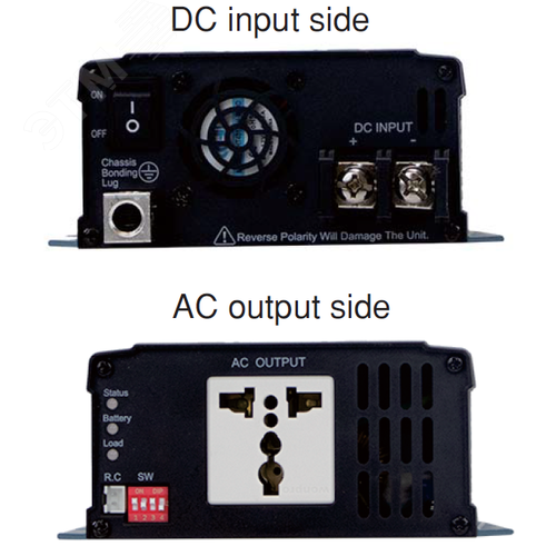 Инвертор DC-AC, 450Вт, Рмакс=900Вт(0,6 сек), Uвх=10...16,5В DC, Uвых=230В АС (ещё 200, 220, 240), f=50(60) Гц, КНИ<3%, изоляция 3000В AC, в кожухе 210х130х55мм, вес 1,3кг,  -25…+70°С, выход евророзетка, тип АКБ Lead Acid или Li-ion - фото 2