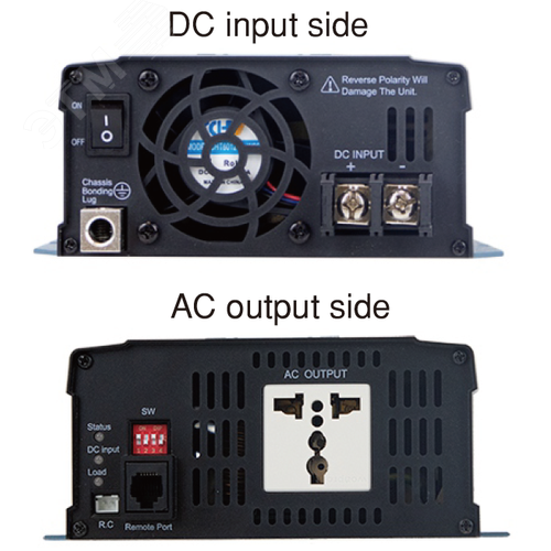 Инвертор DC-AC, 750Вт, Рмакс=1500Вт(0,6 сек), Uвх=24(20…33)В DC, Uвых=230В АС (ещё 200, 220, 240), f=50(60) Гц, КНИ<3%, изоляция 3000В AC, в кожухе 270x158x67мм, вес 2.3кг,  -25…+70°С, розетка тип-EU (Европа), тип АКБ Lead Acid или Li-ion - фото 2
