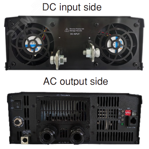 Инвертор DC-AC с функ. ИБП, 3200Вт, Рмакс=3680Вт(3 мин.), Uвх=24(20…33)В DC, Uвых=230В АС (ещё 200, 220, 240), f=50(60) Гц, КНИ<3%, изоляция 3000В AC, в кожухе 420x270x98мм, вес 8.6кг, -25…+70°С, розетка тип-EU (Европа), тип АКБ Lead Acid или Li-ion - фото 2