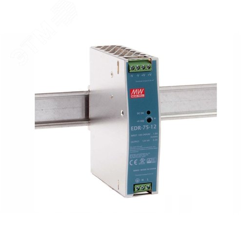 Изображение товара Блок питания AC-DC, 75Вт, вход 90-264V AC, 47-63Гц,127-370В DC, выход 12В,6.3A, рег. вых 12-14В, в кожухе на DIN-рейку (шт)