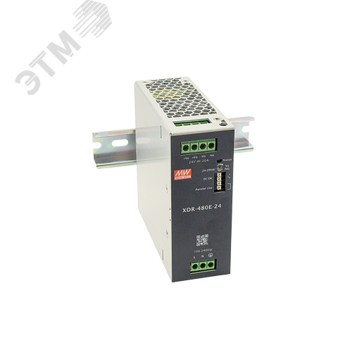 Изображение товара AC-DC, 480Вт, вх.85…264V AC, 47…63Гц 120…370В DC, вых.48В10A (пиковый 13А), рег. вых 48...55В, изол.3000В AC, в кожухе на DIN-рейку 48х125.2х125мм,-40…+70°С, DC-OK, P linkпарал.работа 3+1, 3 года гарантии (шт)