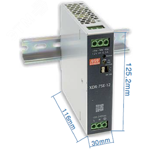 AC-DC, 75Вт, вх.85…264V AC, 47…63Гц 120…370В DC, вых.24В3.2A (пиковый 4.69А), рег. вых 24…29В, изол.3000В AC, DC OK, в кожухе на DIN-рейку 30х125.2х116мм,-40…+70°С, 3 года гарантии - фото 2