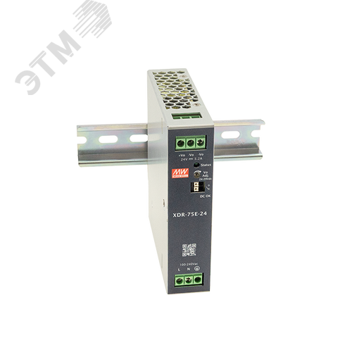 Изображение товара AC-DC, 75Вт, вх.85…264V AC, 47…63Гц /120…370В DC, вых.12В/6.3A (пиковый 9.375А), рег. вых 12...15В, изол.3000В AC, DC OK, в кожухе на DIN-рейку 30х125.2х116мм,-40…+70°С, 3 года гарантии (шт)