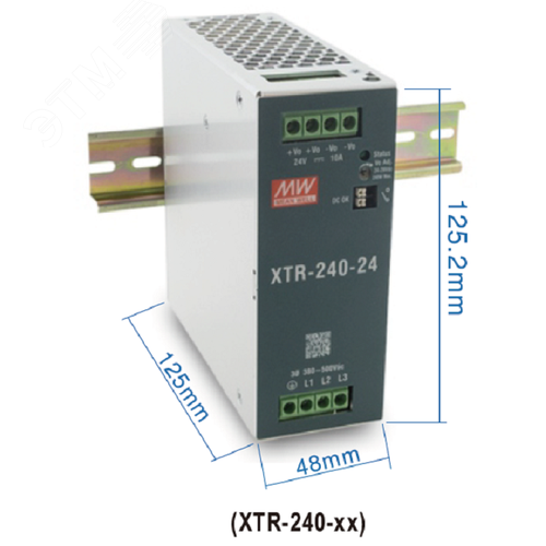 Блок питания AC-DC, 240Вт, ККМ, 3-х ф., вх. 320…600В AC, 47…63450…800В DC, вых.24В10A, (пиковый 15А), рег.  вых 24…29В, изол.3000В AC, в кожухе на DIN-рейку 48х125.2х125мм,-40…+85°С, DC-OK, 5 лет гарантии, клемма под отвёртку - фото 2