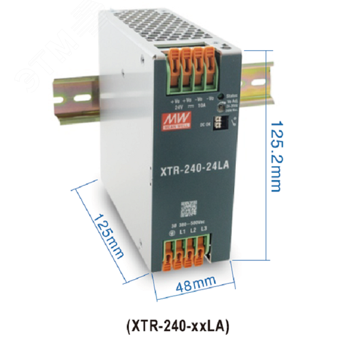 Блок питания AC-DC, 240Вт, ККМ, 3-х ф., вх. 320…600В AC, 47…63450…800В DC, вых.48В5A, (пиковый 7.5А), рег.  вых 48…55В, изол.3000В AC, в кожухе на DIN-рейку 48х125.2х125мм,-40…+85°С, DC-OK, 5 лет гарантии, клемма-рычаг - фото 2