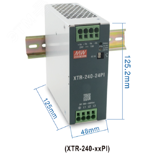 Блок питания AC-DC, 240Вт, ККМ, 3-х ф., вх. 320…600В AC, 47…63450…800В DC, вых.36В6.66A, (пиковый 10А), рег.  вых 36…42В, изол.3000В AC, в кожухе на DIN-рейку 48х125.2х125мм,-40…+85°С, DC-OK, 5 лет гарантии, клемма-зажим - фото 2