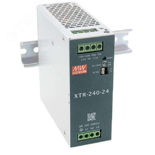 Изображение товара Блок питания AC-DC, 240Вт, ККМ, 3-х ф., вх. 320…600В AC, 47…63/450…800В DC, вых.24В/10A, (пиковый 15А), рег. вых 24…29В, изол.3000В AC, в кожухе на DIN-рейку 48х125.2х125мм,-40…+85°С, DC-OK, 5 лет гарантии, клемма под отвёртку (шт)