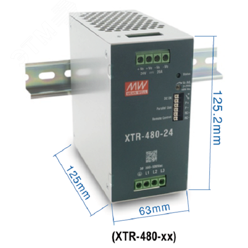Блок питания AC-DC, 480Вт, ККМ, 3-х ф., вх. 320…600В AC, 47…63450…800В DC, вых.48В10A, (пиковый 40А), рег.  вых 48...55В, изол.3000В AC, в кожухе на DIN-рейку 63х125.2х125мм,-40…+85°С, DC-OK, Дист.ВКЛВЫКЛ., P linkпарал.работа 3+1, 5 лет гарантии, клемма п - фото 2