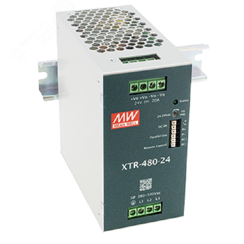 Изображение товара Блок питания AC-DC, 480Вт, ККМ, 3-х ф., вх. 320…600В AC, 47…63/450…800В DC, вых.24В/20A, (пиковый 40А), рег. вых 24...29В, изол.3000В AC, в кожухе на DIN-рейку 63х125.2х125мм,-40…+85°С, DC-OK, Дист.ВКЛ/ВЫКЛ., P link=>парал.работа 3+1, 5 лет гар (шт)