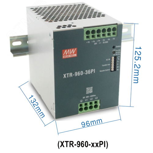 Блок питания AC-DC, 960Вт, ККМ, 3-х ф., вх. 320…600В AC, 47…63450…800В DC, вых.24В40A, (пиковый 80А), рег.  вых 24...29В, изол.3000В AC, в кожухе на DIN-рейку 96х125.2х132мм,-40…+85°С, DC-OK, Дист.ВКЛВЫКЛ., P linkпарал.работа 3+1, 5 лет гарантии, клемма-з - фото 2