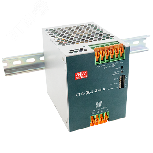 Изображение товара Блок питания AC-DC, 960Вт, ККМ, 3-х ф., вх. 320…600В AC, 47…63/450…800В DC, вых.24В/40A, (пиковый 80А), рег. вых 24...29В, изол.3000В AC, в кожухе на DIN-рейку 96х125.2х132мм,-40…+85°С, DC-OK, Дист.ВКЛ/ВЫКЛ., P link=>парал.работа 3+1, 5 лет гар (шт)