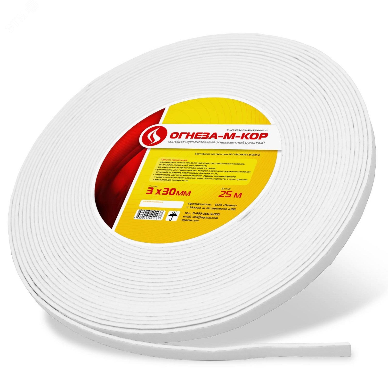 Изображение товара Негорючий уплотнитель ОГНЕЗА-М-КОР 3*30 мм, рулон 25 пог.м огнезащитный материал