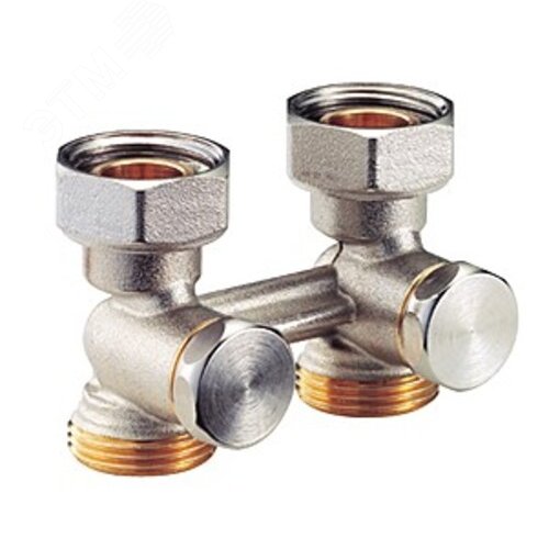 Изображение товара Узел нижнего подключения стальных панельных радиаторов 3/4'Fx3/4'E, прямой, для двухтрубных систем. Содержит отсечной клапан для перекрытия и балансировки. (шт)