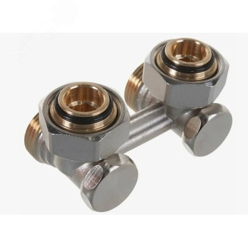 Изображение товара Узел нижнего подключения стальных панельных радиаторов 3/4'Fx3/4'E, угловой, для двухтрубных систем. Содержит отсечной клапан для перекрытия и балансировки. (шт)