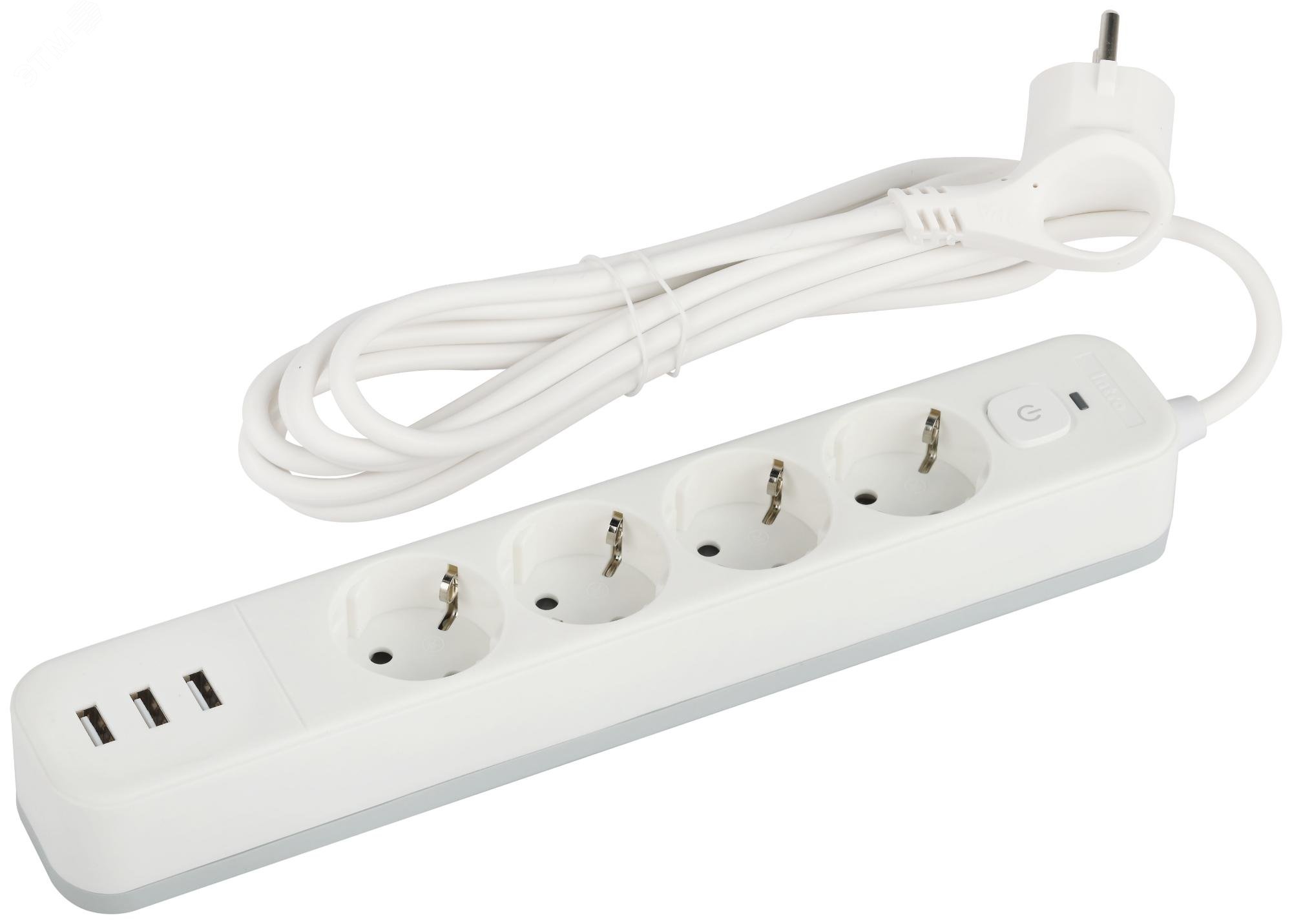 Изображение товара ЭРА сетевой фильтр USF-4es-3m-3xUSBA-W 4 розетки 3USB заземление выключатель 3м