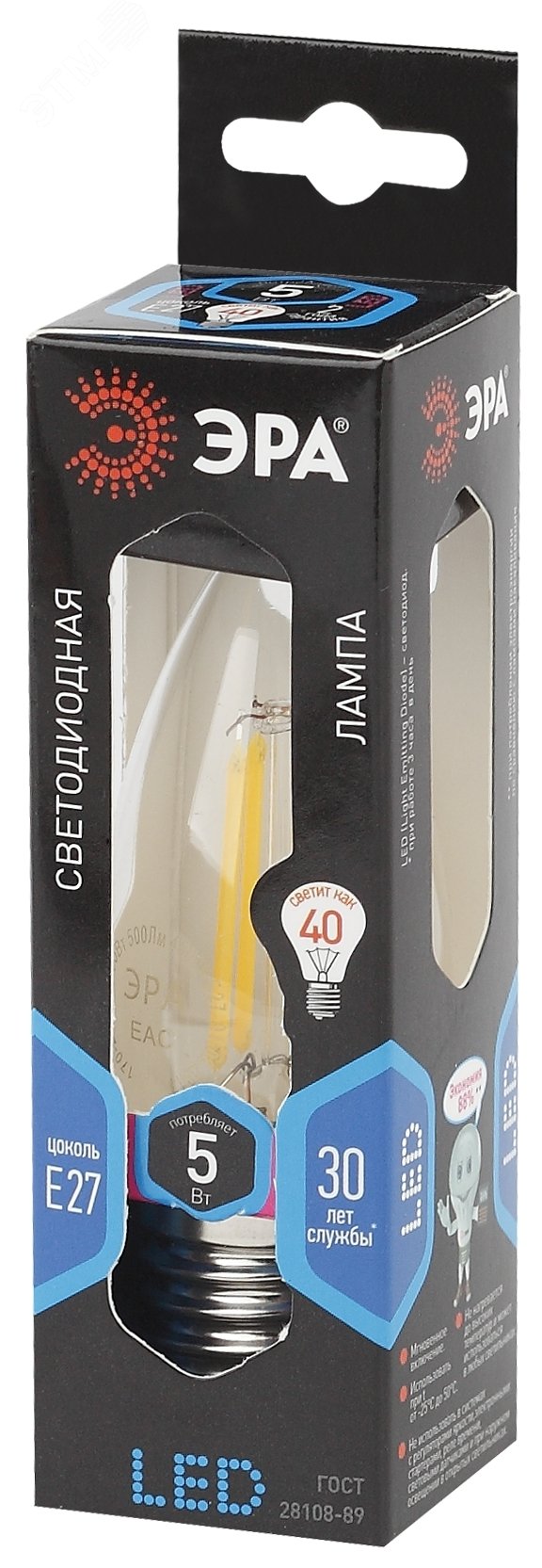 Лампа светодиодная филаментная F-LED B35-5W-840-E27 (филамент, свеча, 5Вт, нейтр, E27 (10/100/2800) Б0027934 ЭРА - превью 2