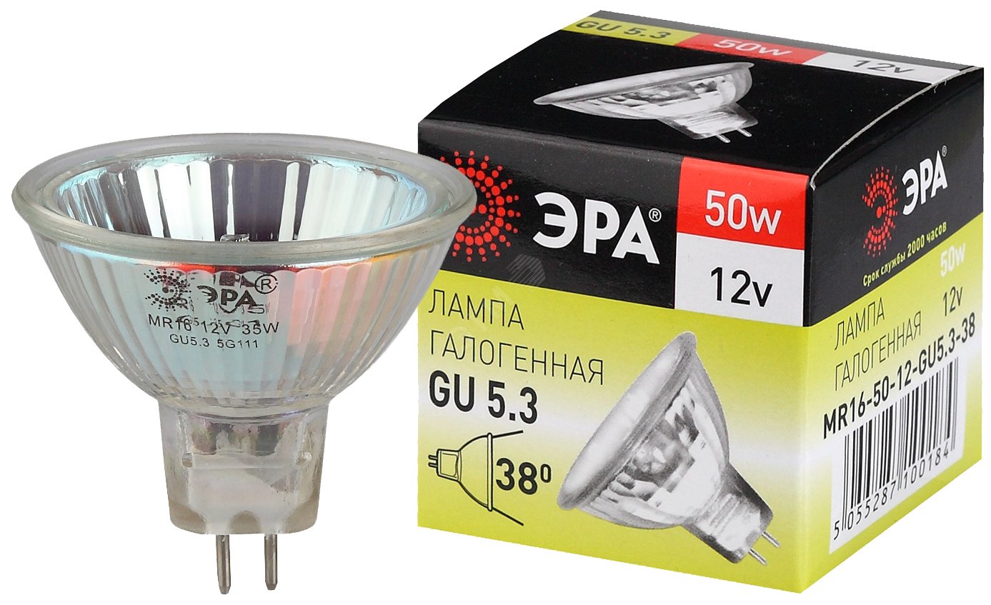 Лампа накаливания галогенная GU5.3-MR16-50W-12V-CL (галоген, софит, 50Вт, нейтр, GU5.3) (10/200/6000) C0027358 ЭРА - превью