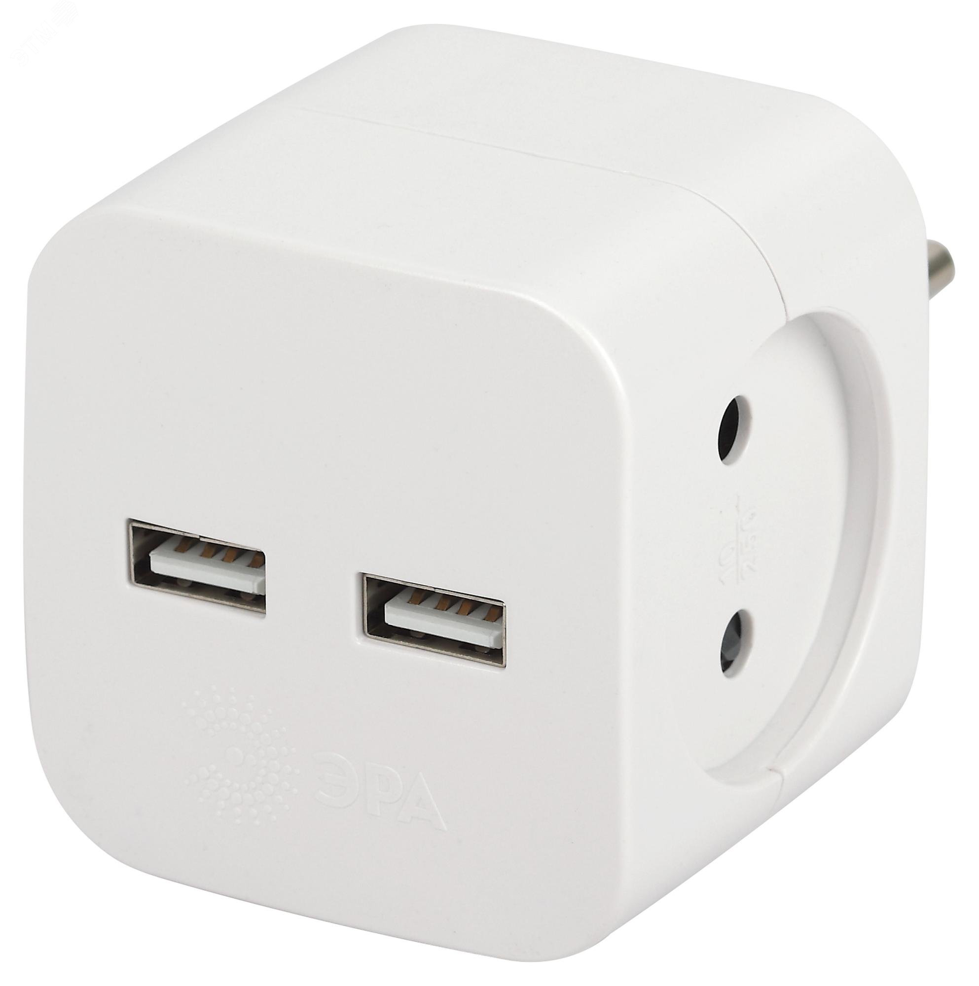 Изображение товара Разветвитель электрический с 2 розетками и 2 USB портами ЭРА SP-2-USB-W белый