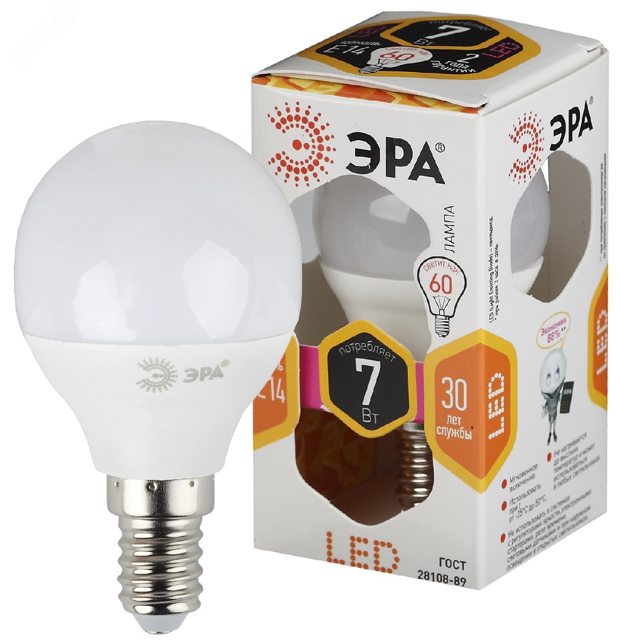 Лампа светодиодная LED P45-7W-827-E14 (диод, шар, 7Вт, тепл, E14, (10/100/3600) Б0020548 ЭРА - превью